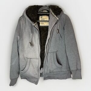 American Eagle Sherpa Fur Lined Hoodie Gray Mens Large Y2K Vtg DOES NOT ZIP